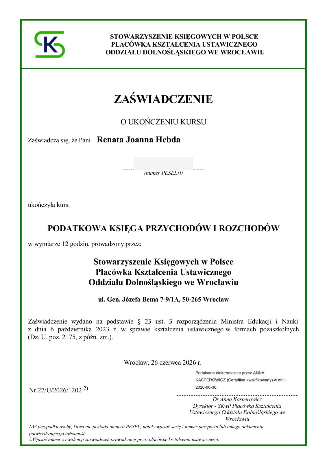 Podatkowa księga przychodów i rozchodów, Stowarzyszenie Księgowych w Polsce